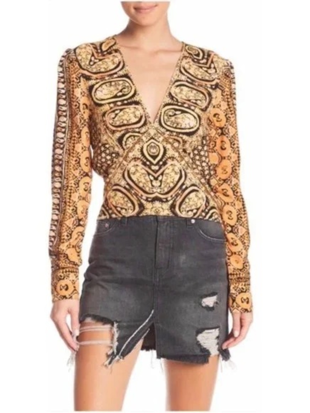Free People Boho Top Smocked Cropped Long Sleeves, Black Orange Size S